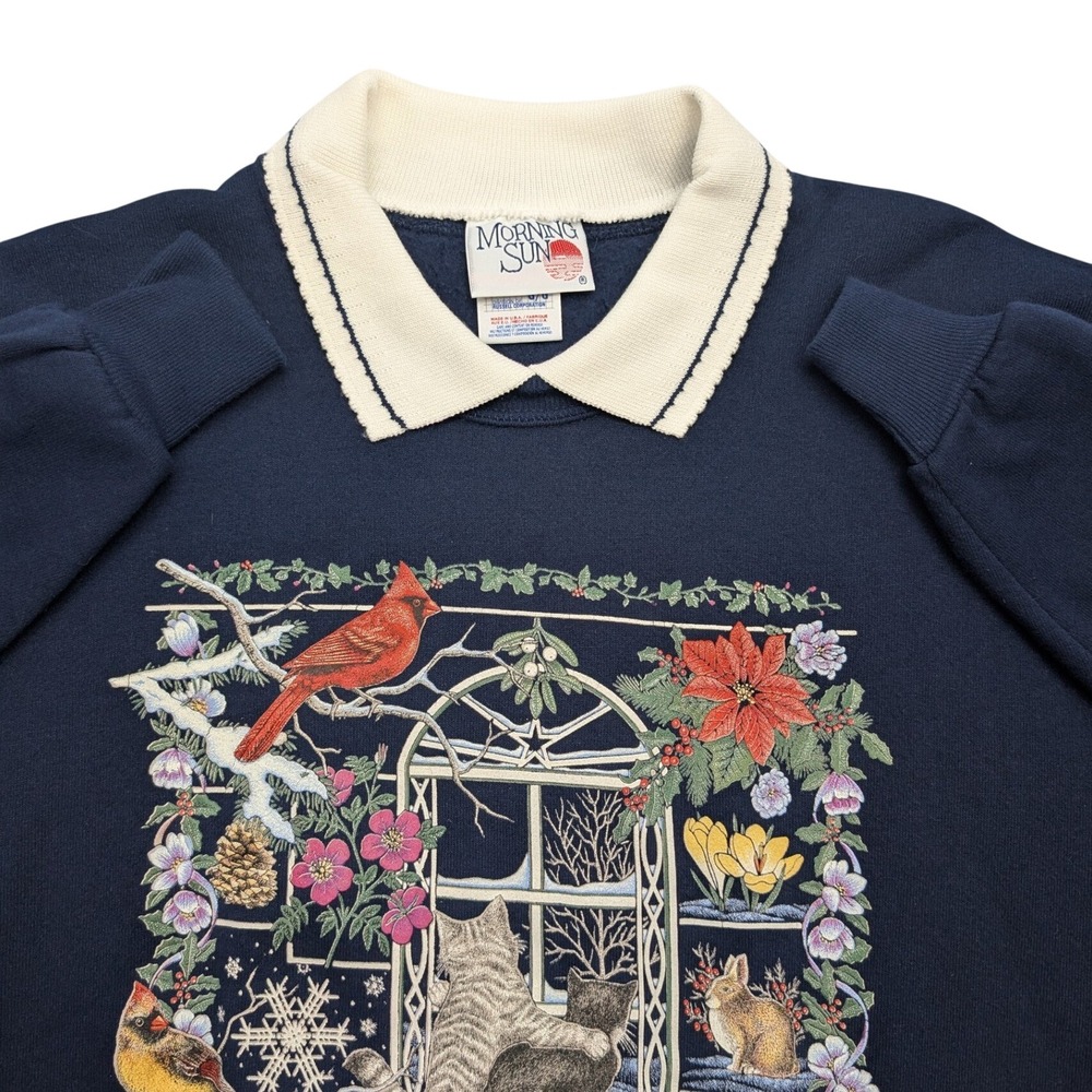 Vintage Morning Sun Jerzees Sweatshirt Womens Large Navy Blue Cat Cardinal